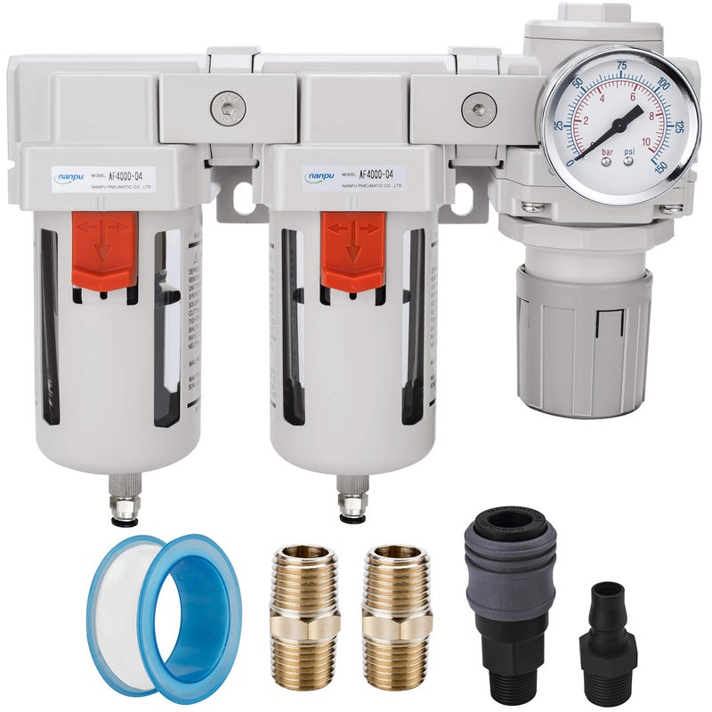 NANPU DFR-04 1/2" NPT Air Drying System - Double Air Filters, Air Pressure Regulator Combo - Semi-Auto Drain, Poly Bowl - Image 1